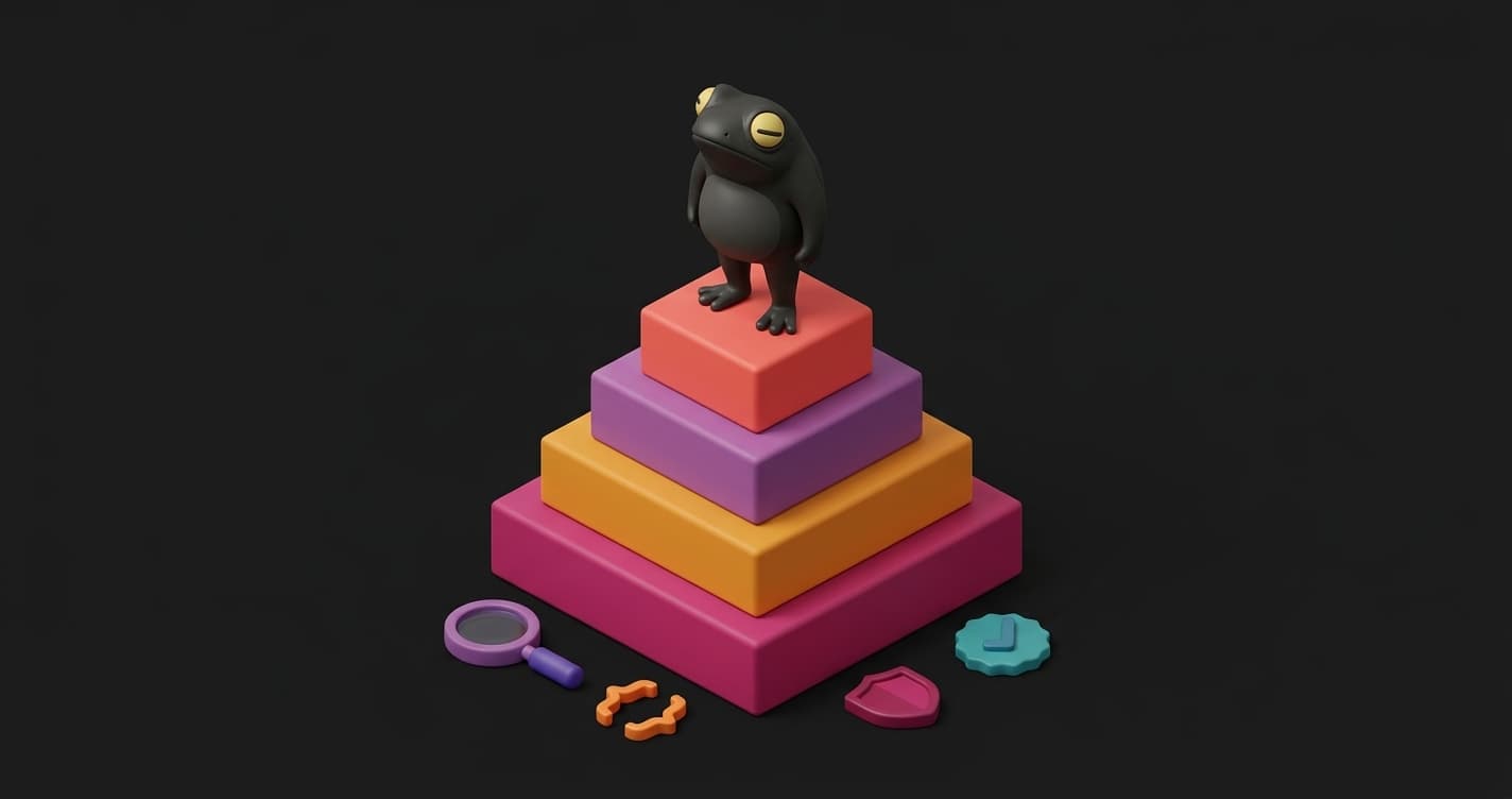 Quality pyramid for AI-generated code showing four layers: linting, static analysis, unit tests, and E2E testing with a clay frog mascot at the summit