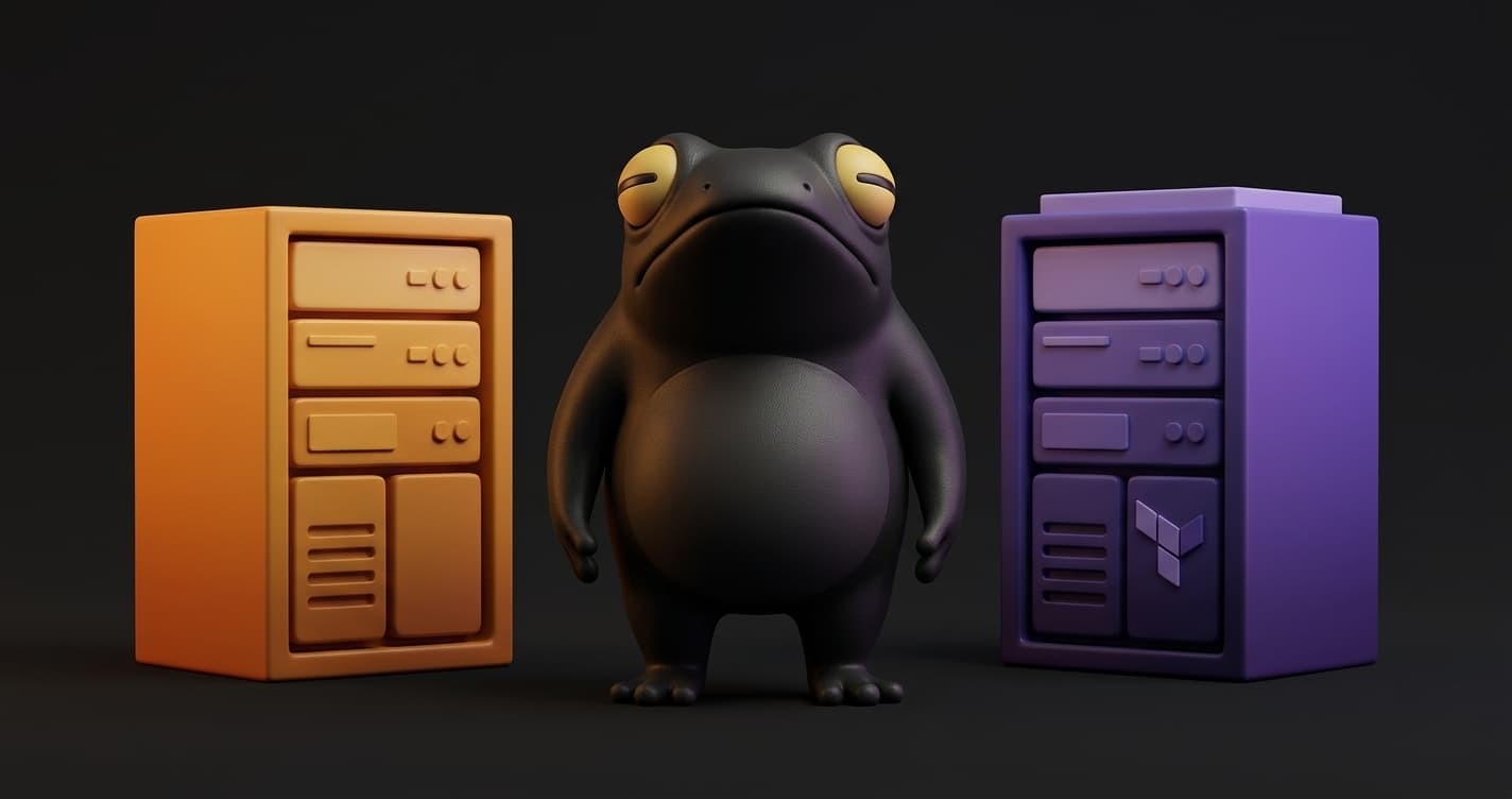 Side-by-side architecture diagram comparing AWS CloudFormation stacks and Terraform configuration files managing cloud infrastructure