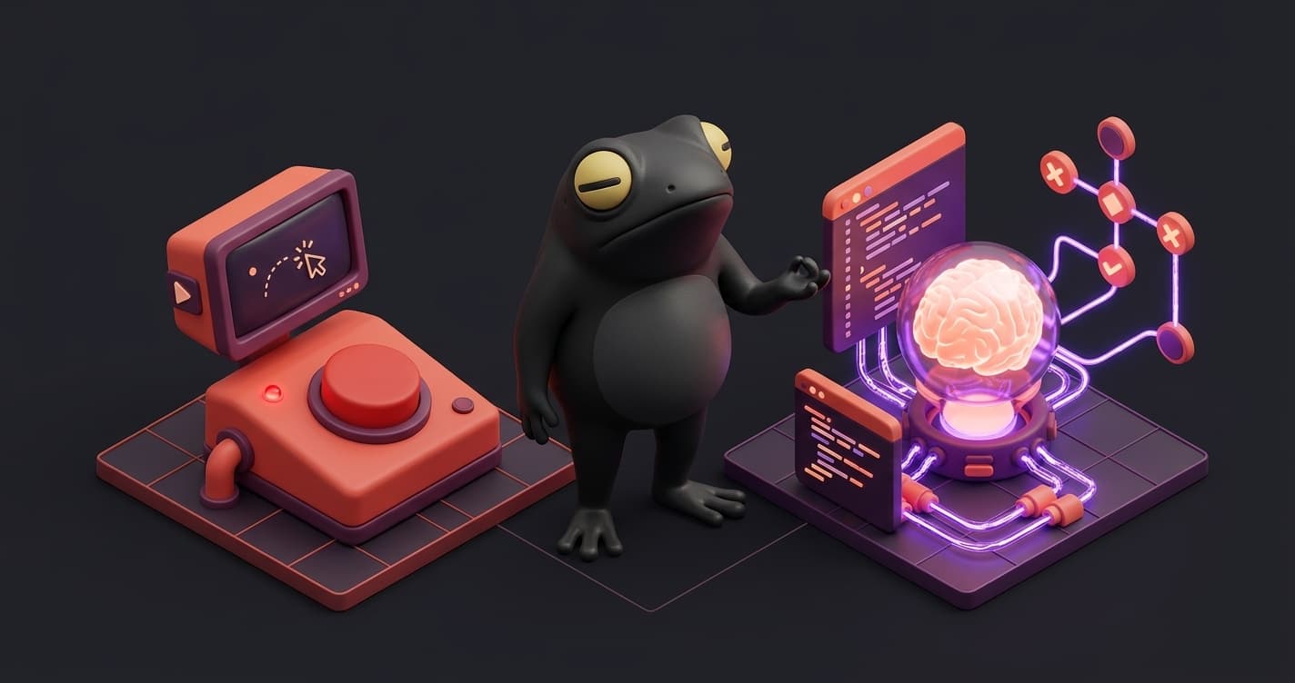 Paradigm comparison diagram showing codeless test automation record-and-playback approach on the left versus AI-native codebase-driven test generation on the right