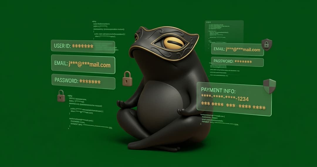 Data masking pipeline showing production database with real PII flowing through a masking layer into anonymized test environments