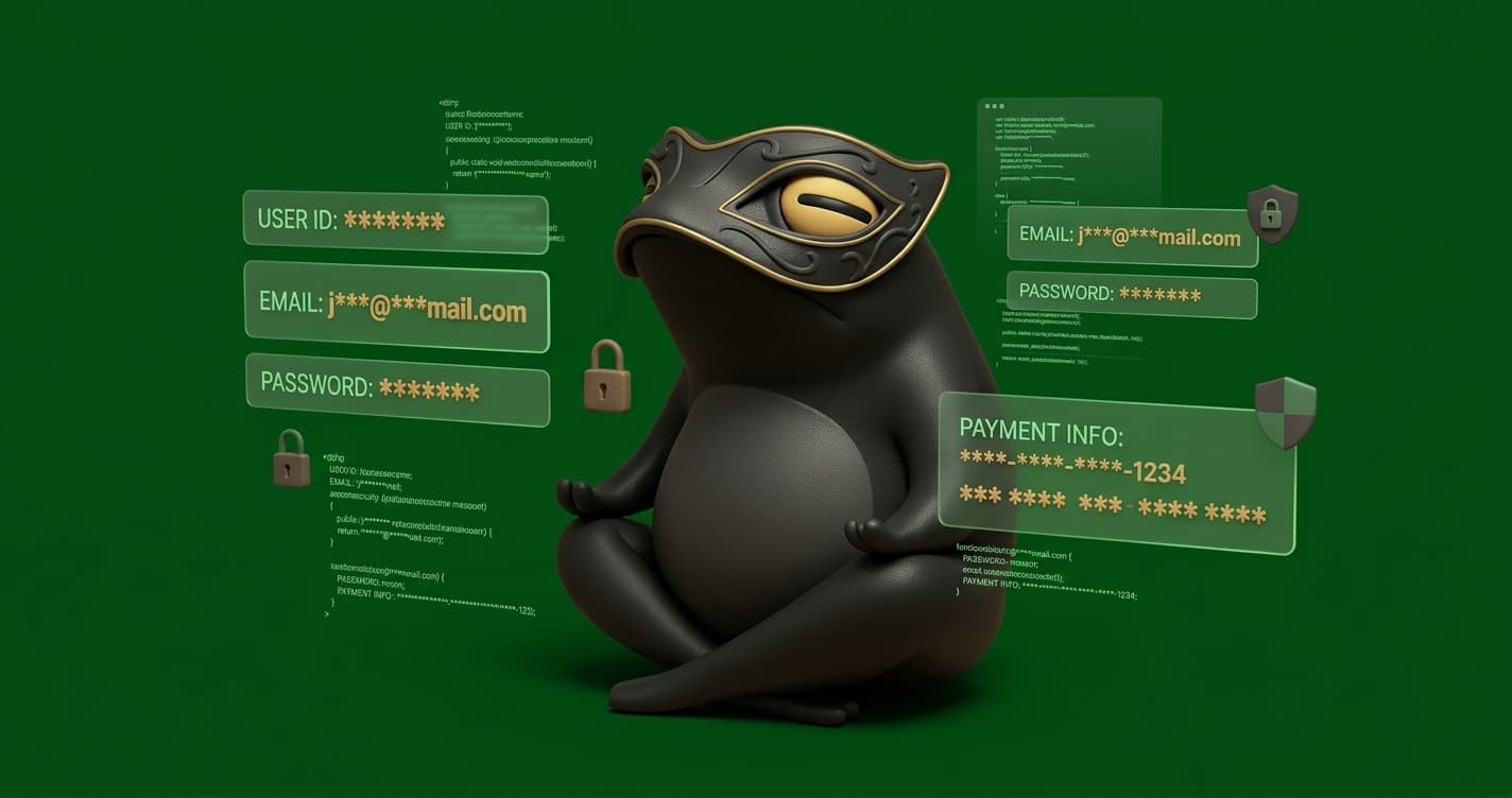 Data masking pipeline showing production database with real PII flowing through a masking layer into anonymized test environments