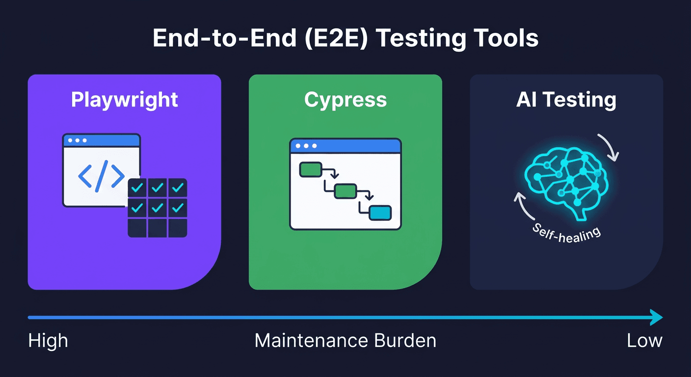 Three E2E testing tools compared side by side: Playwright, Cypress, and AI-native testing showing maintenance burden axis