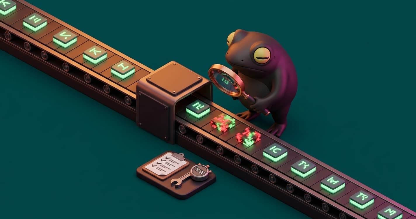 Engineer debugging a flaky test in a CI/CD pipeline, showing a red build and a systematic root cause analysis workflow for fixing test flakiness