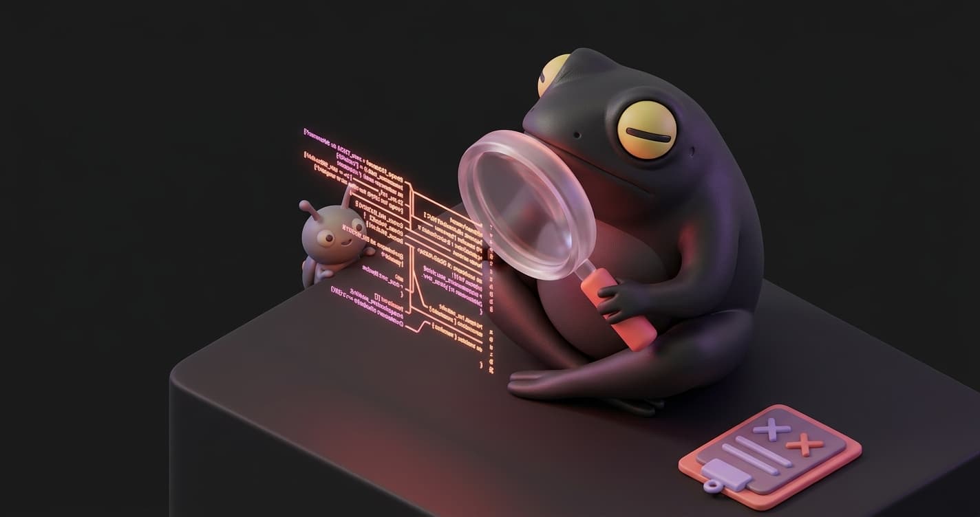 Quara mascot analyzing AI-generated code through a verification lens, representing generative AI software testing and QA for AI-written code