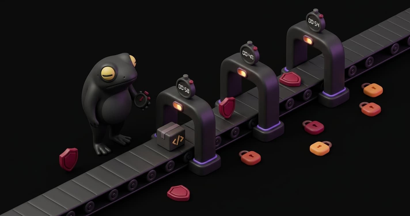 Shift left security speed budget framework showing four CI/CD pipeline stages with time budgets for pre-commit, PR, merge, and async security checks