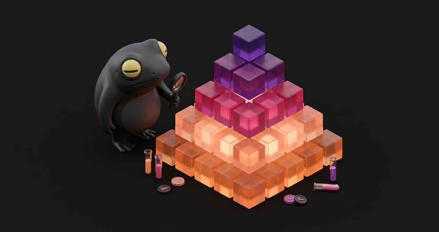 Testing pyramid illustration showing unit, integration, and E2E test layers with a clay frog mascot examining the structure