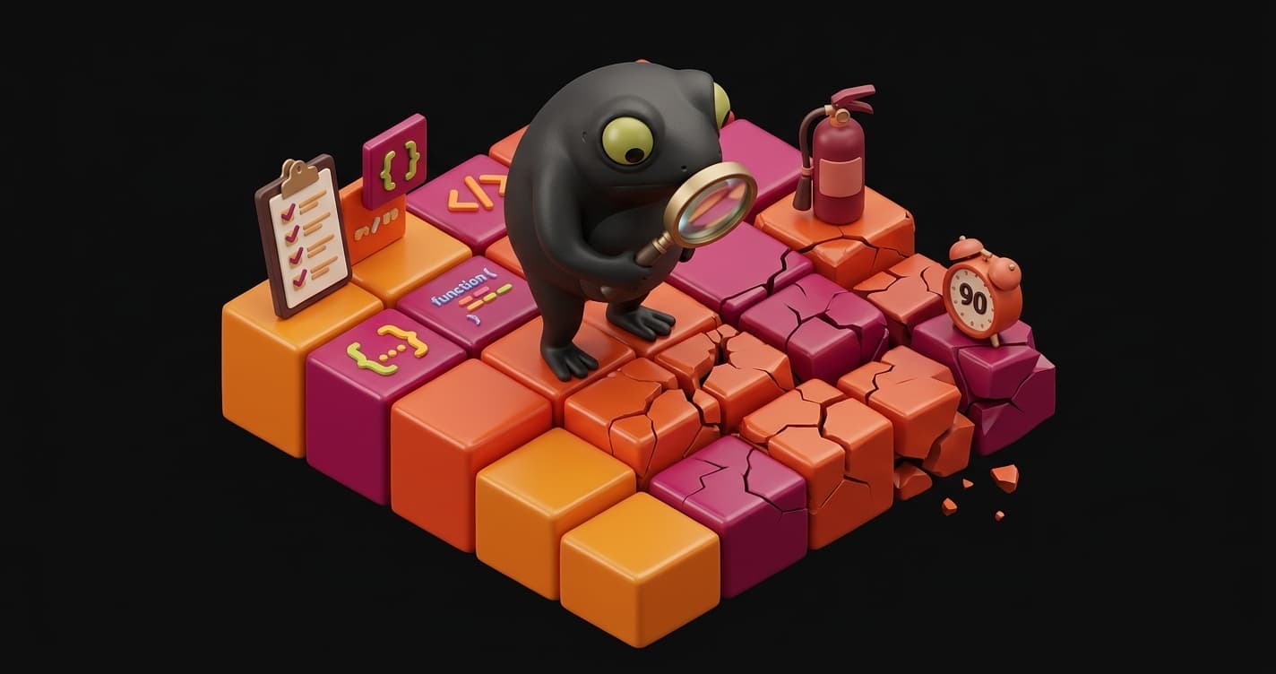 Engineering leader staring at cascading error logs 90 days after shipping a vibe-coded application, surrounded by mounting technical debt