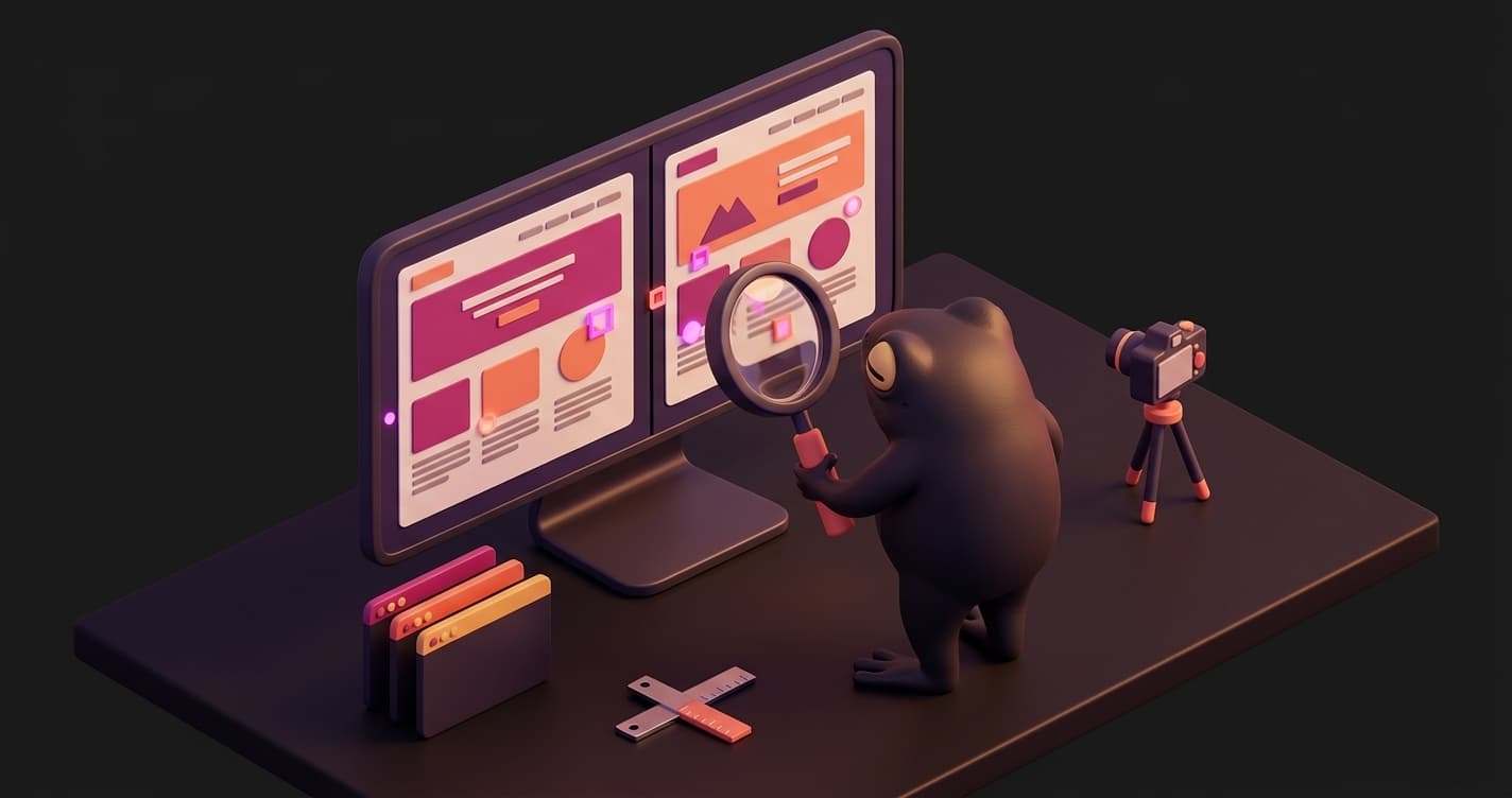 Visual regression testing dashboard showing screenshot diffs with highlighted pixel differences caught by AI code generator output