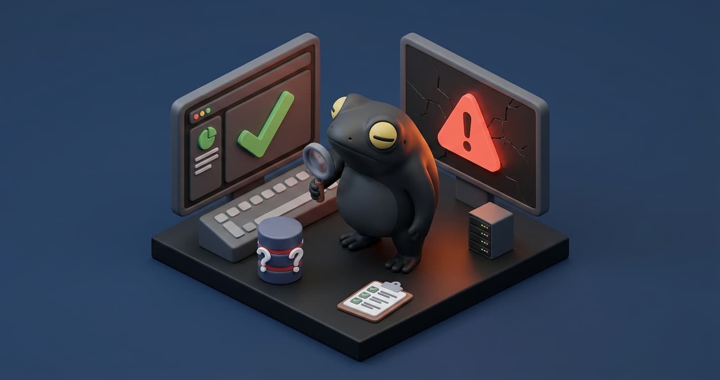 Dashboard showing all green E2E test results alongside a production error log revealing bugs that passed testing due to missing test data and environment gaps