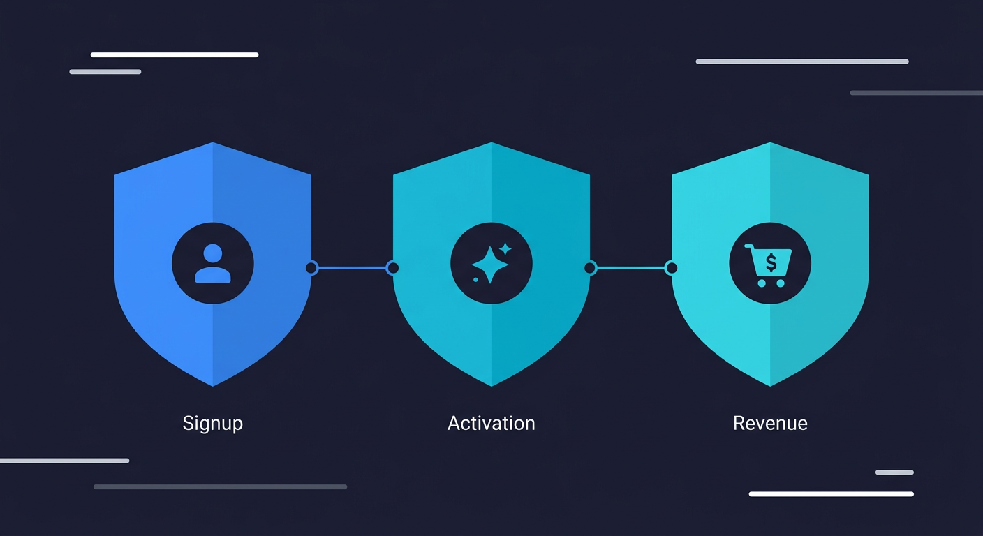 Three shield icons representing the three most critical user flows to test first: signup, activation, and revenue