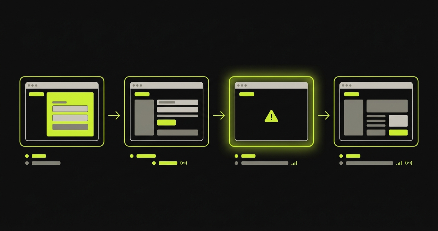 Screenshot of the Autonoma test execution trace showing step-by-step screenshots, network calls, and a highlighted failure point in the checkout flow