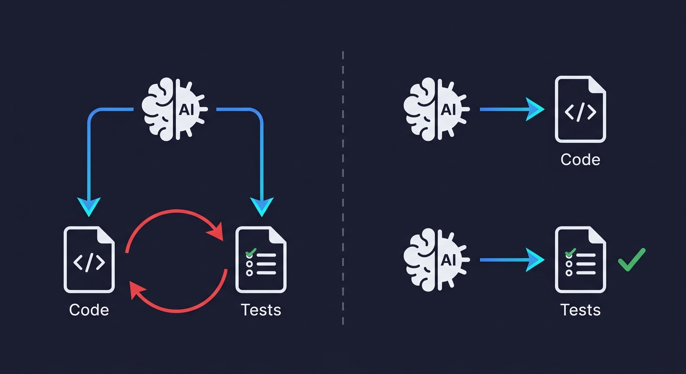 Diagram showing the circularity trap: one AI producing both code and tests shares blind spots, versus two independent AI agents providing structural independence