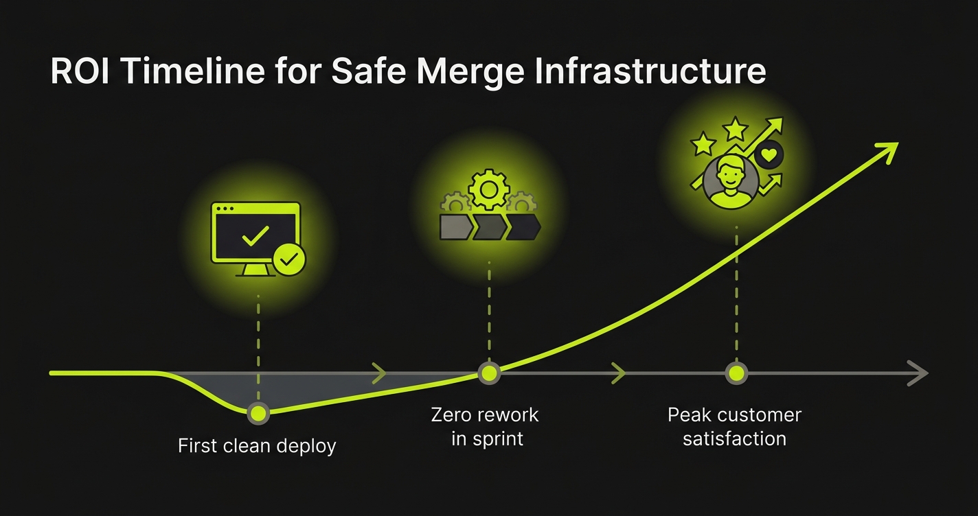 ROI timeline showing a small investment dip at infrastructure setup, followed by steadily accelerating gains: first clean deploy, first zero-rework sprint, customer upgrade, revenue milestone