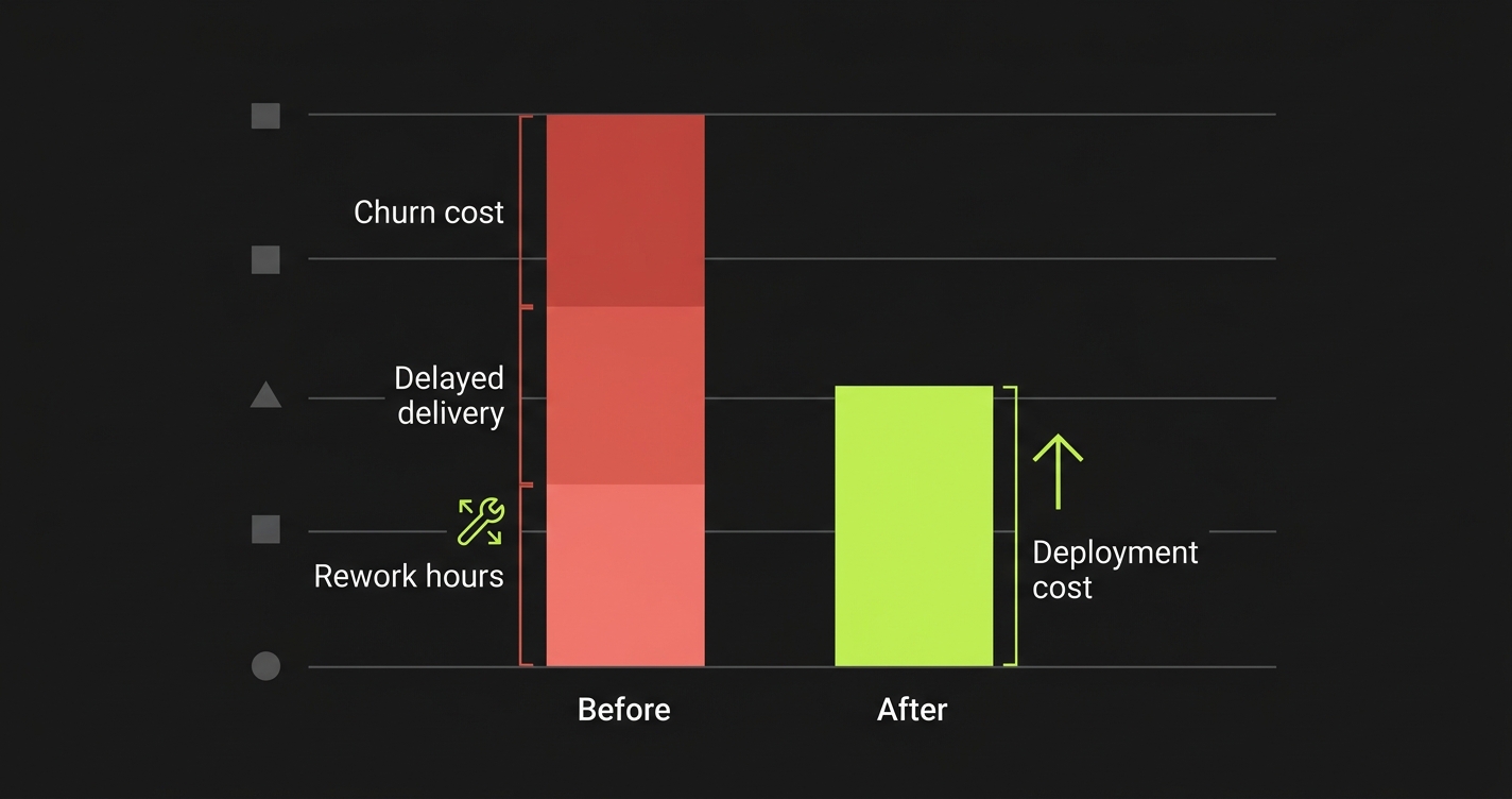 Cost comparison chart: two bars representing Before vs After safe merge infrastructure. The Before bar stacks rework, delay, and churn costs. The After bar shows only the infrastructure investment cost, dramatically smaller.