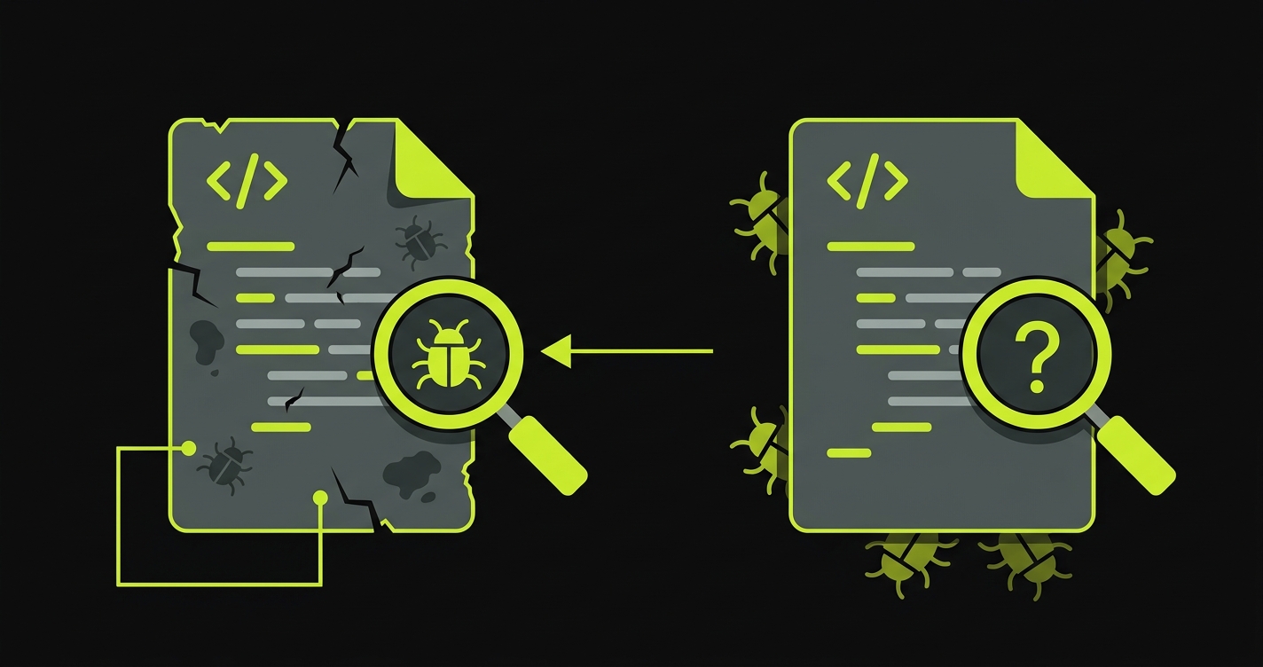 Diagram comparing the bug profile of human-written code (visible syntax errors, obvious logic issues) versus AI-generated code (clean surface, subtle functional bugs that only appear at runtime)