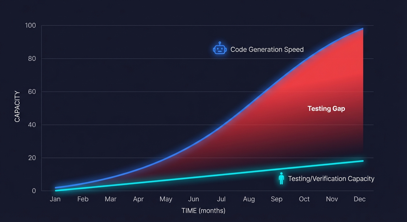 Symmetry diagram: AI coding agent generates implementation while AI testing agent generates verification, both accessing the same codebase