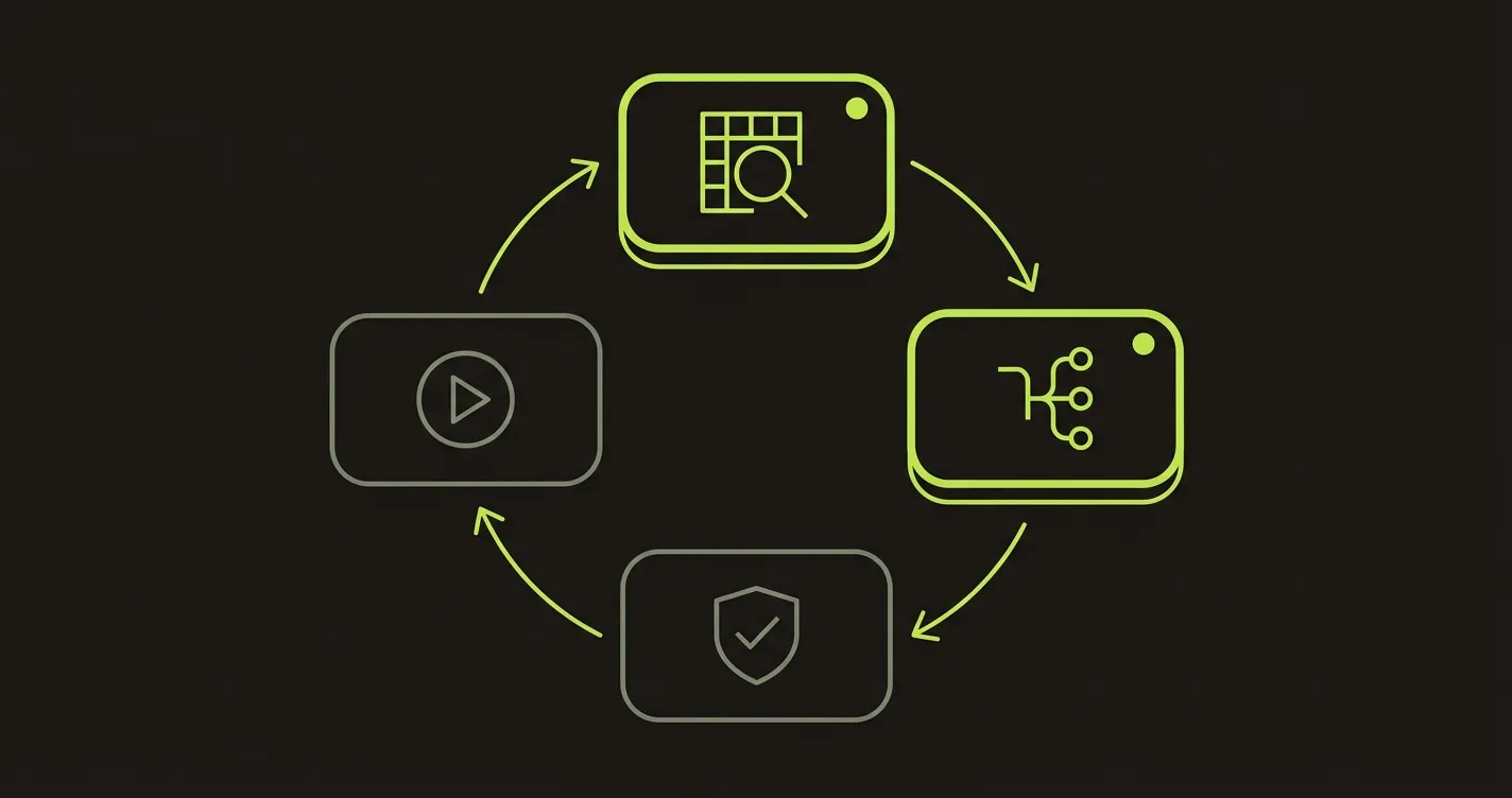 Four-node loop diagram of the Autonoma agent system a no-QA team cannot staff: two bold primary nodes represent the Planner and the Diffs Agent, two muted secondary nodes represent the Executor and the Reviewer, connected by arrows in a continuous clockwise cycle