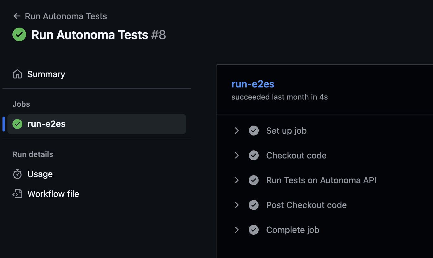 GitHub Actions workflow showing automated test triggers and results