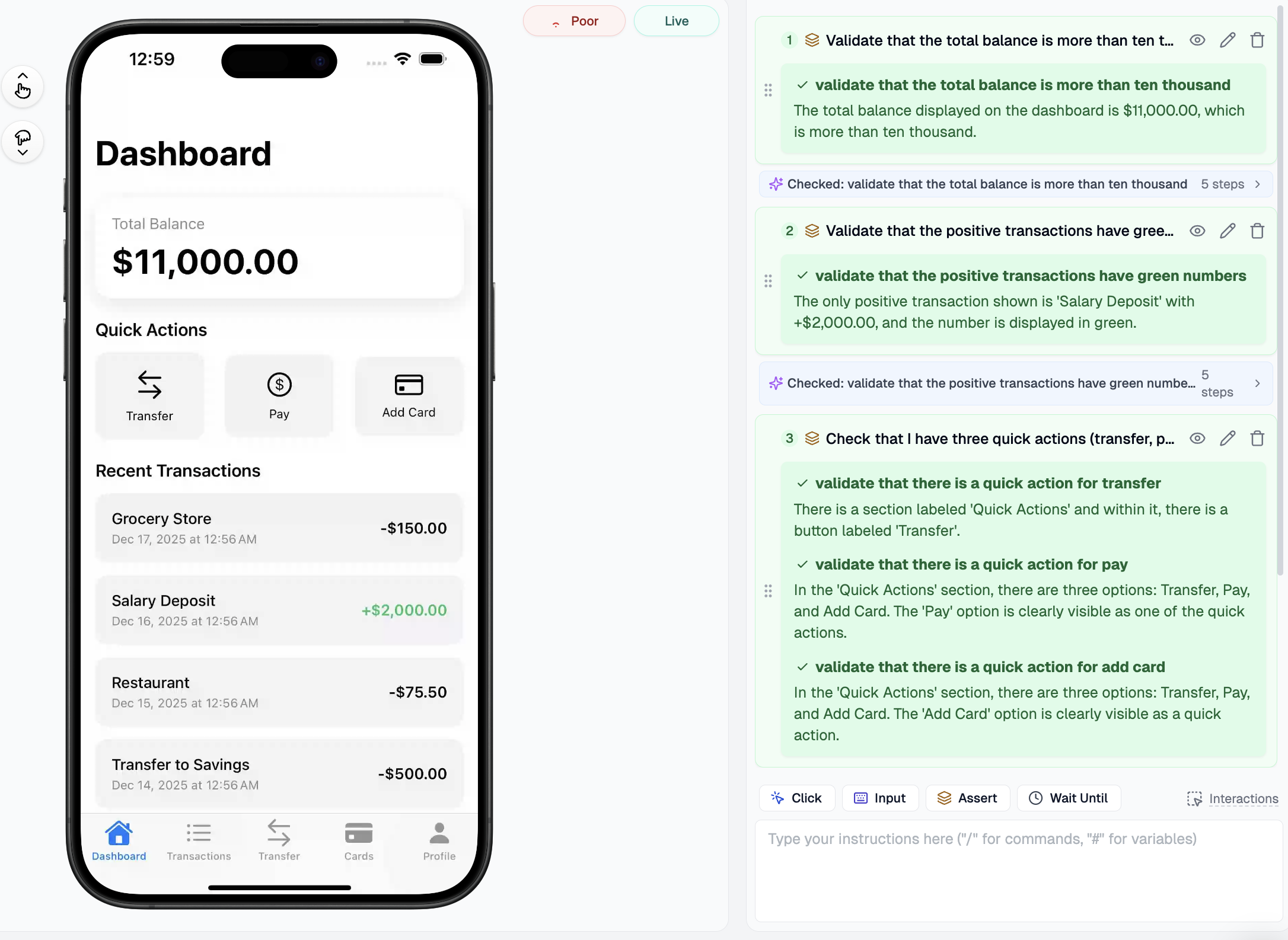 Multiple smart assertion examples showing color validation, ordering checks, and visual completeness