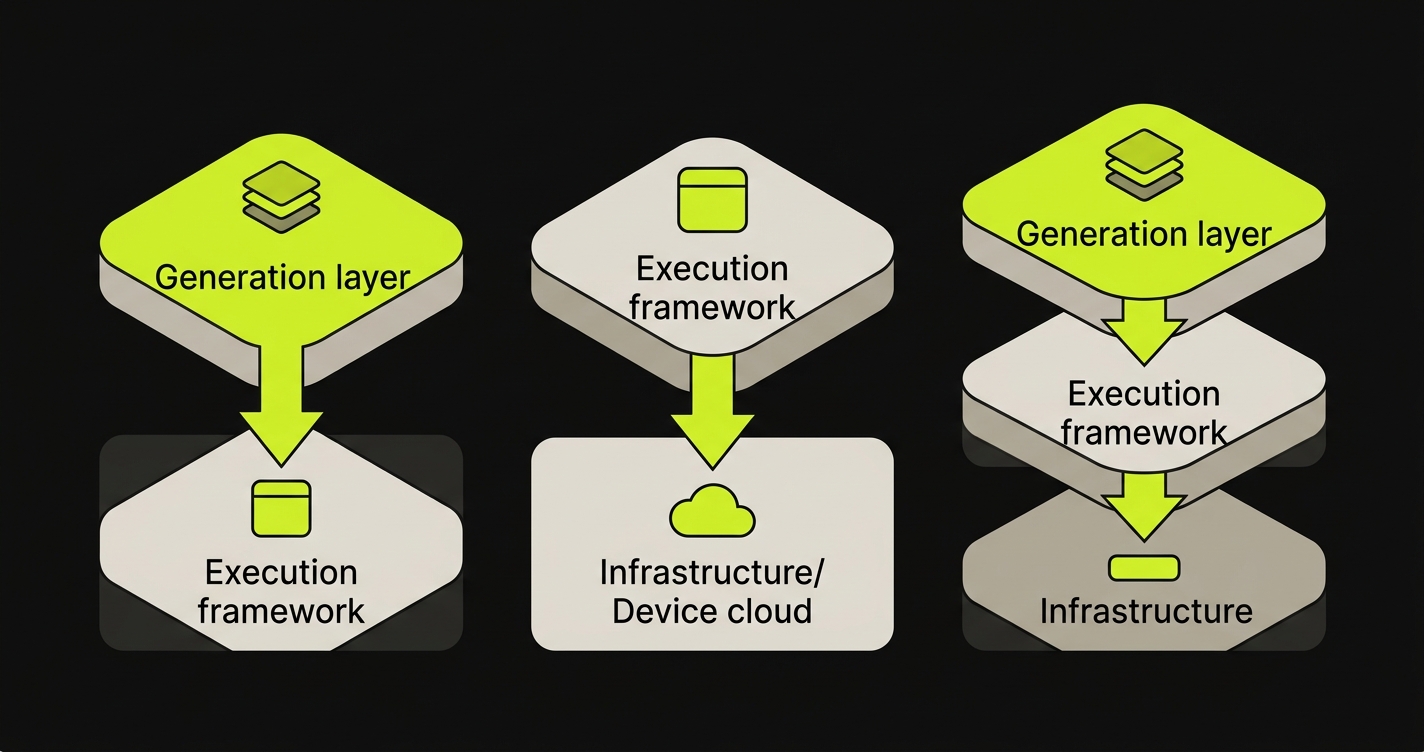 Three common testing tool stack combinations showing generation, execution, and infrastructure layers connected in different configurations