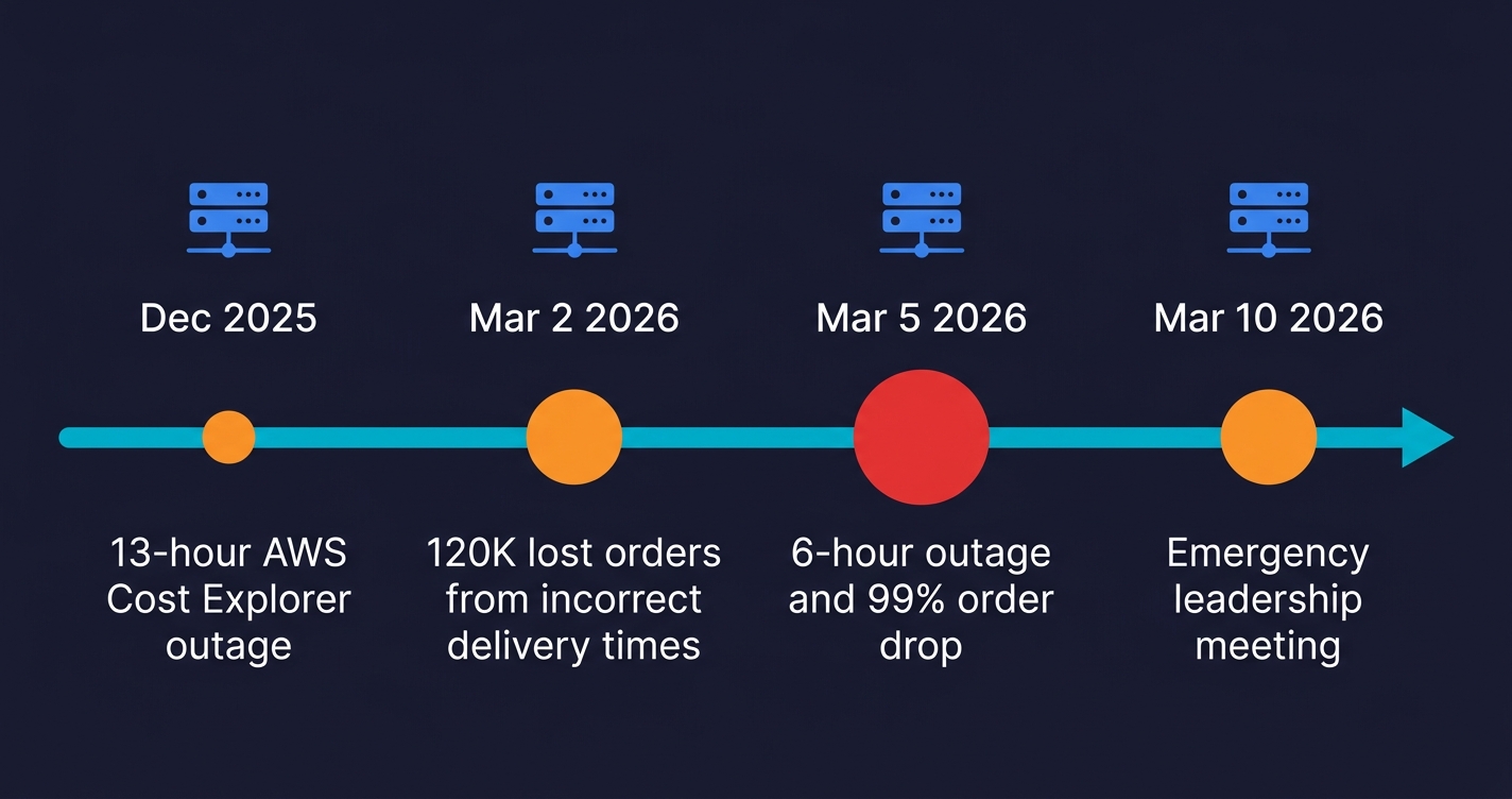 Timeline of Amazon's four Sev-1 incidents from December 2025 to March 2026, showing escalating severity with the March 5 outage as the largest