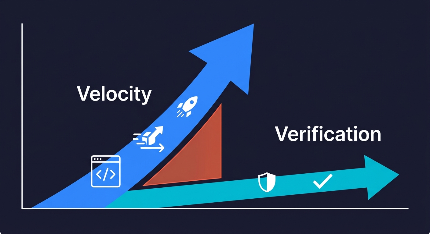 Diagram showing code velocity scaling steeply upward while verification grows slowly, with a widening gap between them highlighted in red
