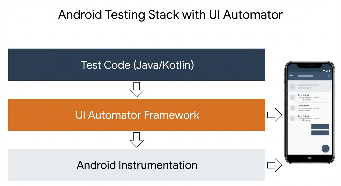 UI Automator architecture diagram showing test code, UI Automator framework, and Android instrumentation layers