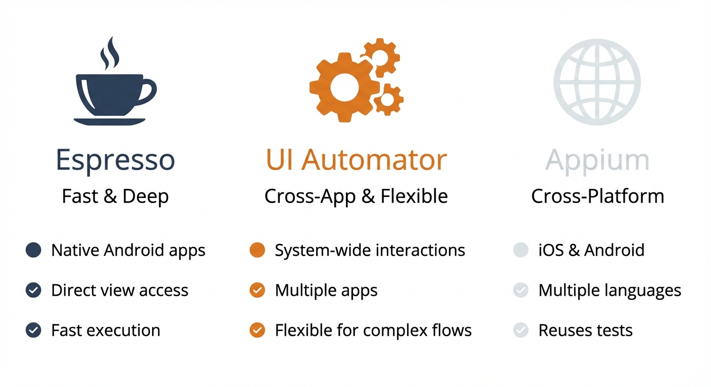Comparison of Espresso, UI Automator, and Appium showing different testing capabilities and use cases