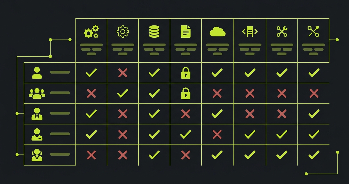 Authorization permission matrix showing roles (Admin, Manager, Viewer) against API endpoints with checkmarks and denials for each combination