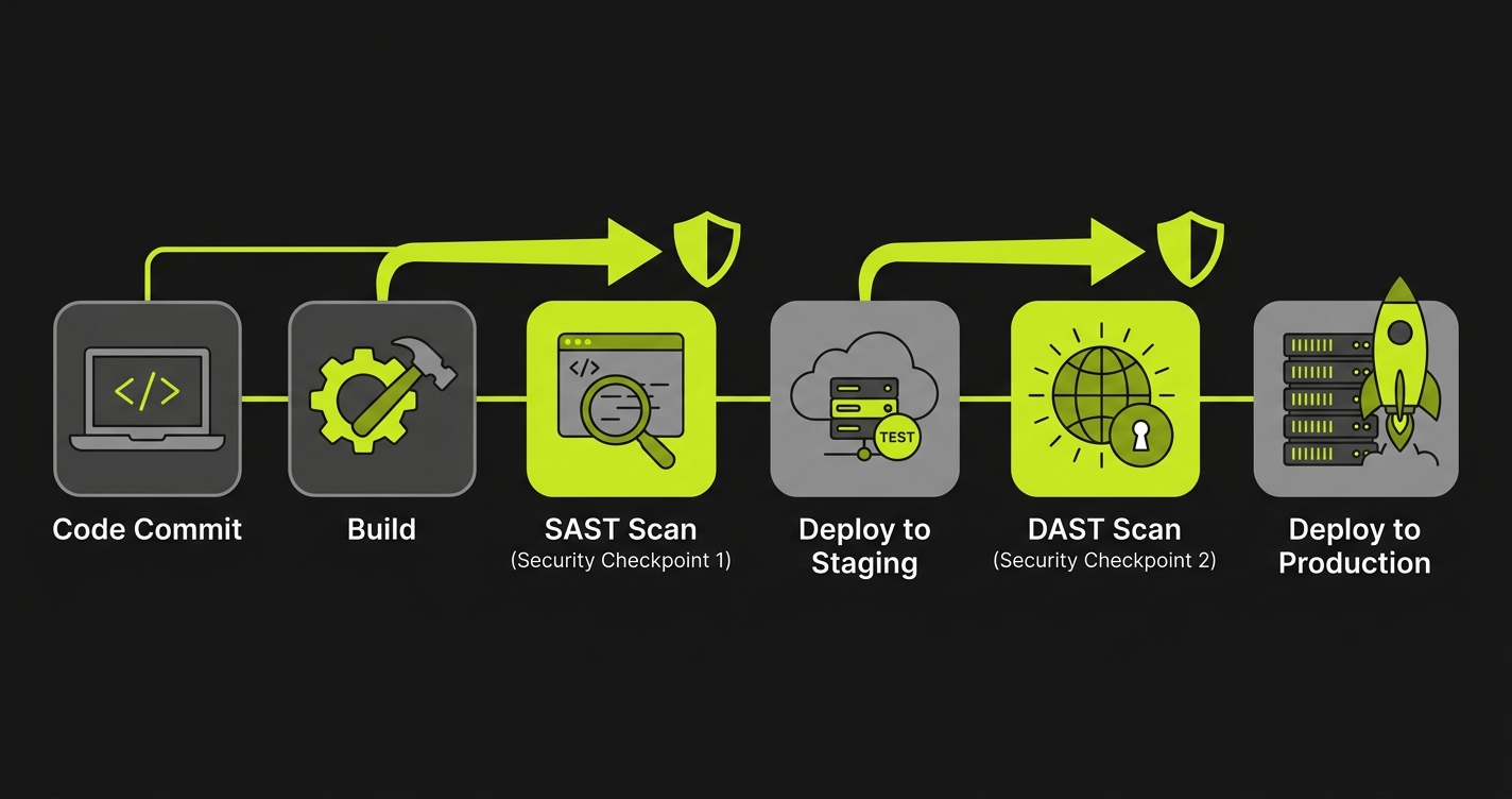 Three-stage CI/CD security pipeline showing Every Commit (Unit Tests, SAST), Every PR (Auth Flow Tests, Permission Matrix), and Every Deploy (DAST Scan, Evidence Artifacts)