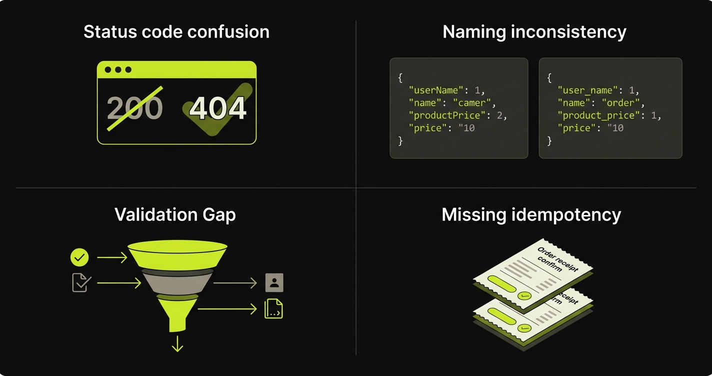 Four common API bug types AI introduces: status code confusion, inconsistent field naming, validation surface gaps, and missing idempotency