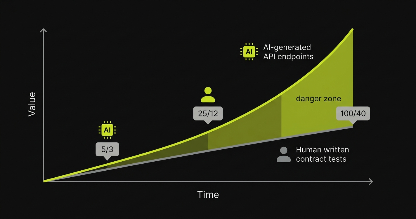 Diverging chart showing API endpoints growing faster than contract tests, creating an expanding coverage gap over time