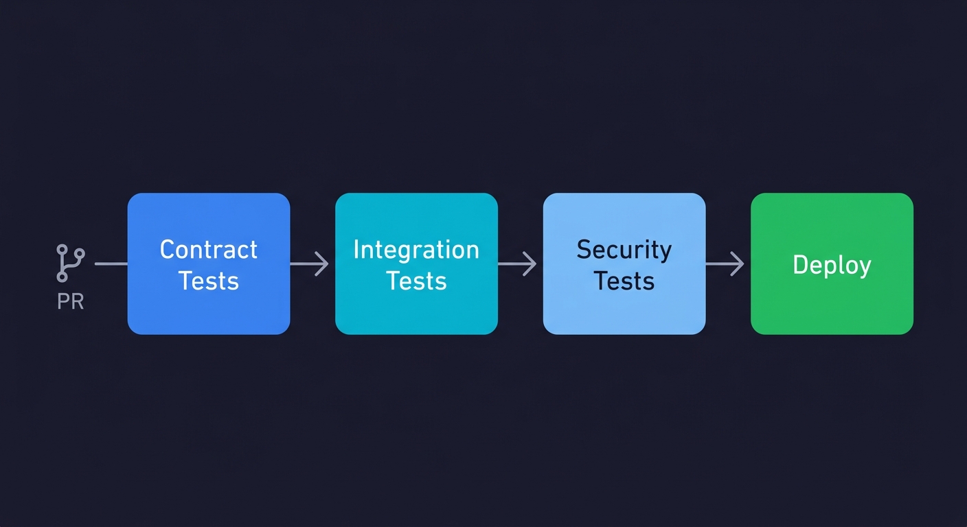 CI pipeline flow diagram showing four stages from left to right: PR trigger, Contract Tests, Integration Tests, Security Tests, and Deploy
