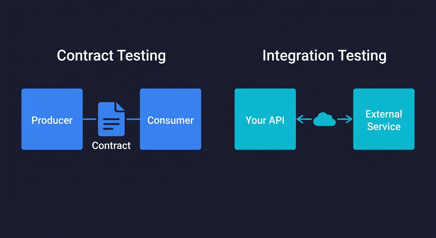 Diagram comparing contract testing and integration testing side by side, showing producer-contract-consumer flow versus direct API-to-external-service communication