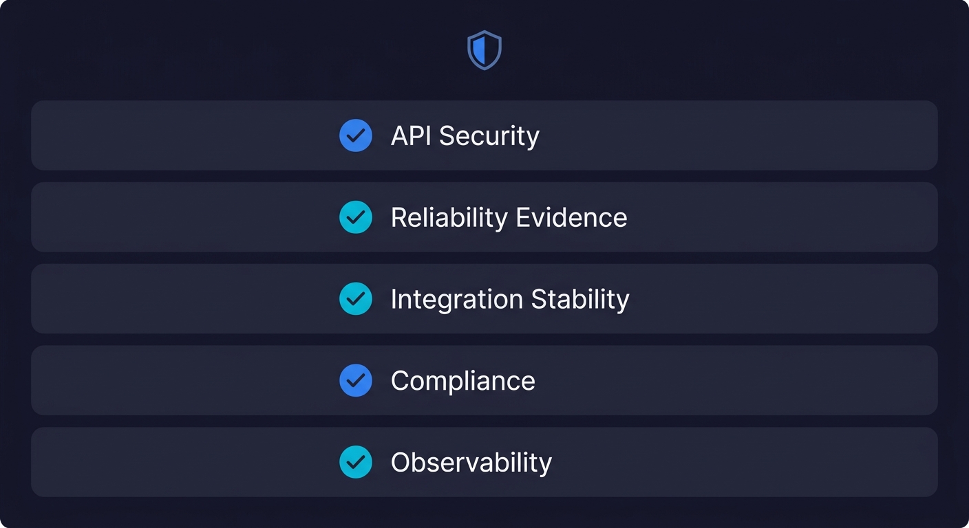 Enterprise readiness checklist showing five categories with checkmarks: API Security, Reliability Evidence, Integration Stability, Compliance, and Observability