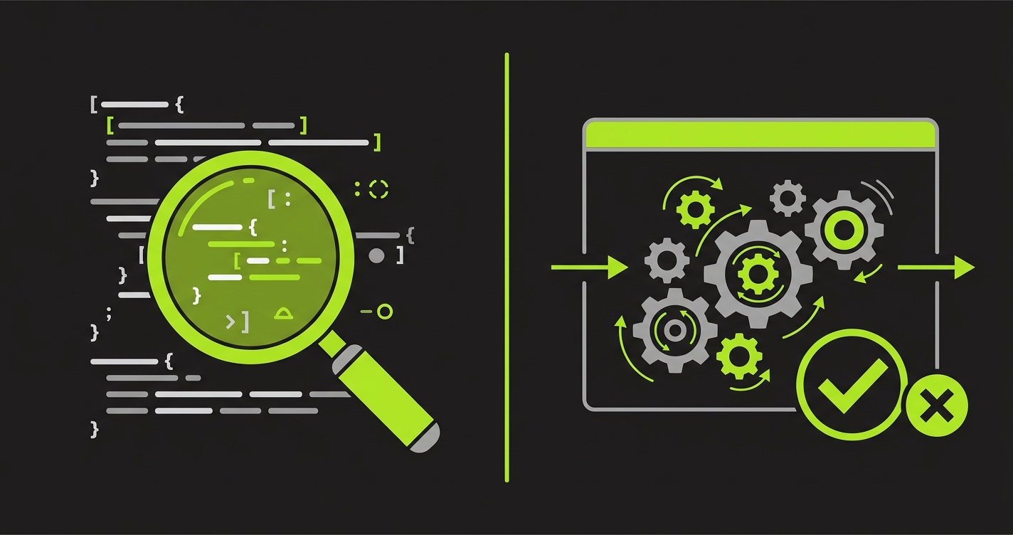Side-by-side comparison of automated code review showing a magnifying glass inspecting source code versus automated testing showing a running application with pass and fail indicators