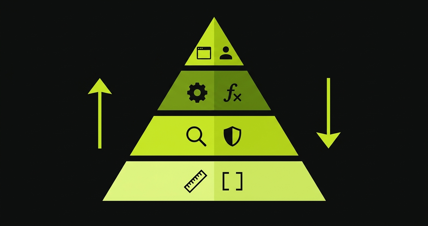 Quality Pyramid for AI-generated code showing four layers from linting at the base to E2E testing at the top, with icons representing each layer