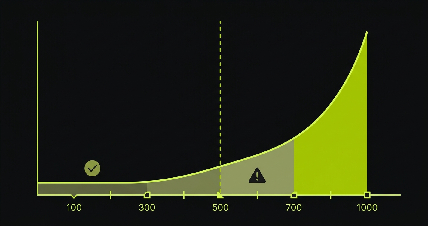 Automated regression testing maintenance cliff: test count on x-axis, weekly maintenance hours on y-axis, showing exponential cost growth above 500 tests