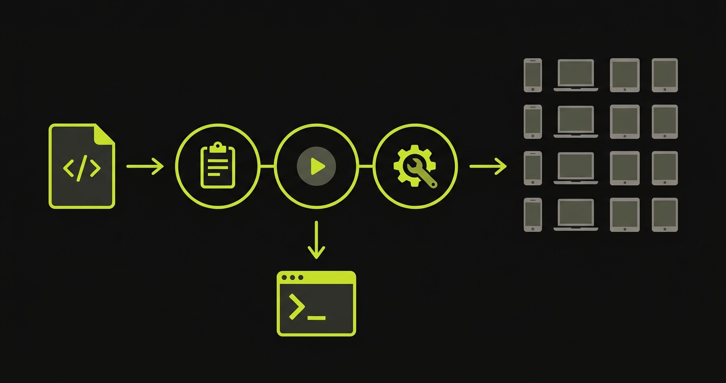 Combined testing workflow showing codebase feeding into AI agent pipeline that generates tests, splitting into local CI execution and cross-browser cloud device testing