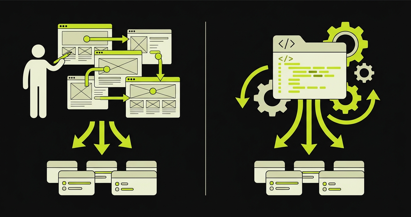 Side-by-side comparison of session-based test authoring versus automated codebase-derived test generation