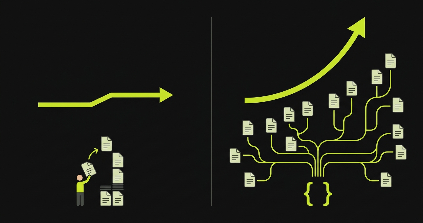 Test coverage scaling comparison showing manual authorship plateauing versus automated codebase-driven test generation growing proportionally