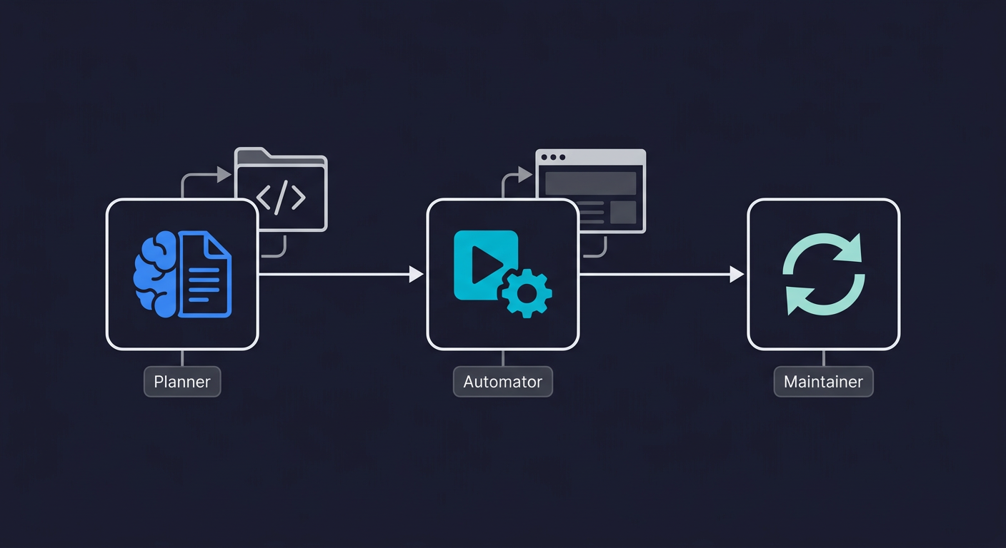 AI-generated test automation flow: agents read codebase, run E2E tests, and update tests automatically