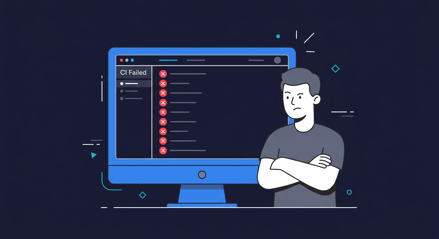 Senior engineer reviewing a large red CI failure list from a brittle E2E test suite