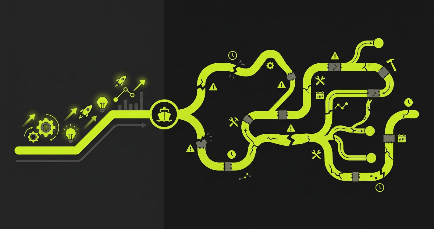 Build versus maintain lifecycle diagram showing the short build phase diverging into a longer, more complex maintenance phase after shipping