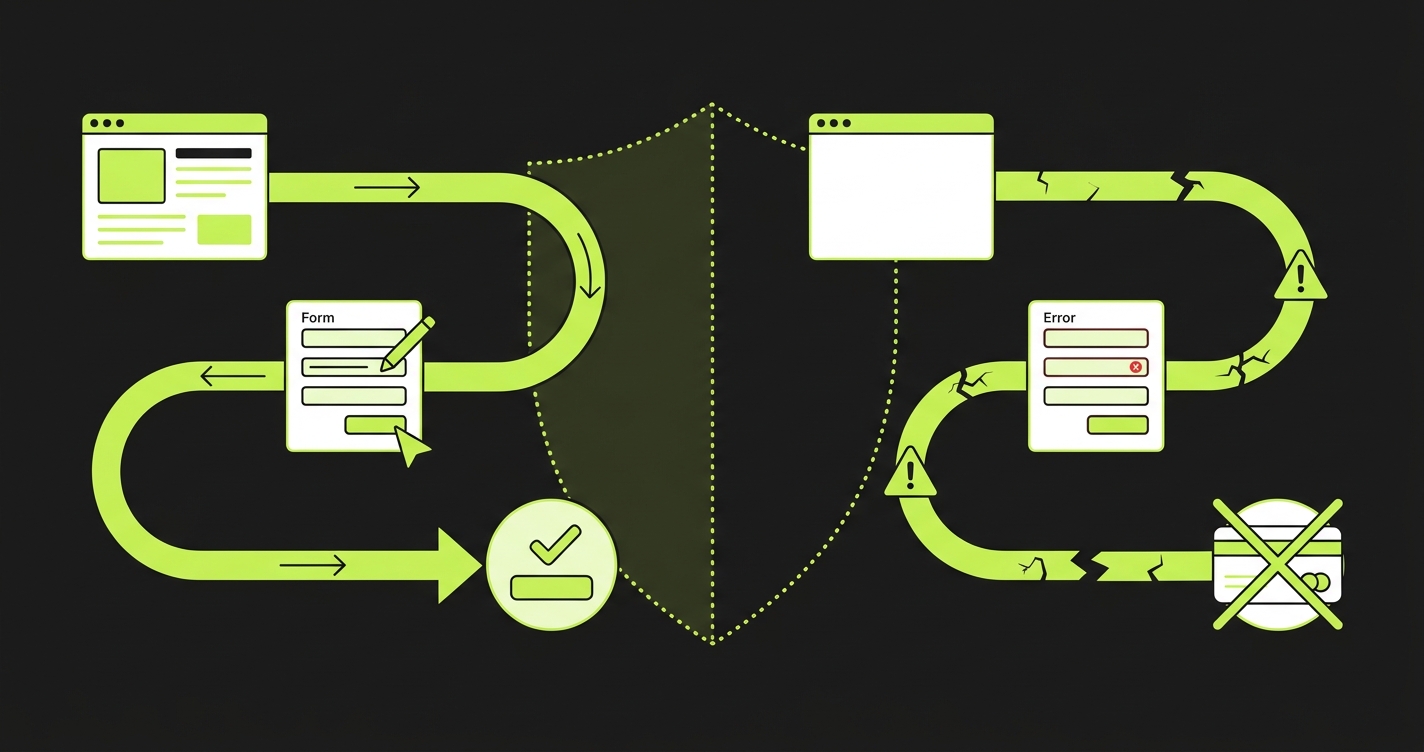 Timeline showing the gap between launch day happy path and month three production issues with edge cases and broken flows