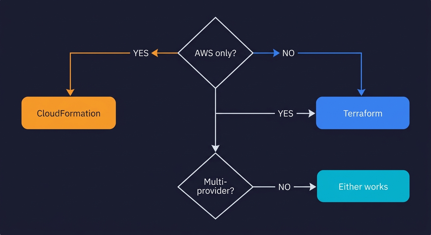 Decision flowchart showing how to choose between CloudFormation and Terraform based on AWS-only and multi-provider requirements