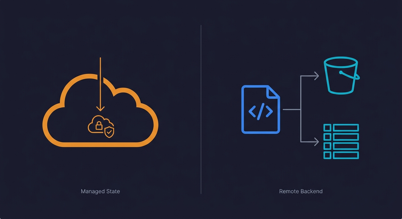Diagram comparing CloudFormation managed state inside the cloud versus Terraform remote backend with S3 and DynamoDB