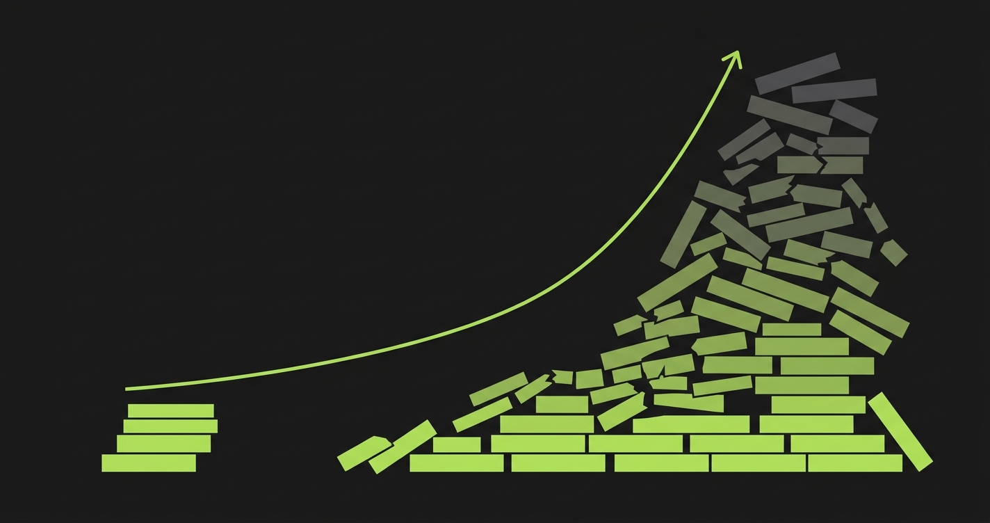 Diagram showing codeless test maintenance burden: a test suite of 50 tests is manageable, but at 500 tests selector fragility and UI churn create a mounting maintenance cliff