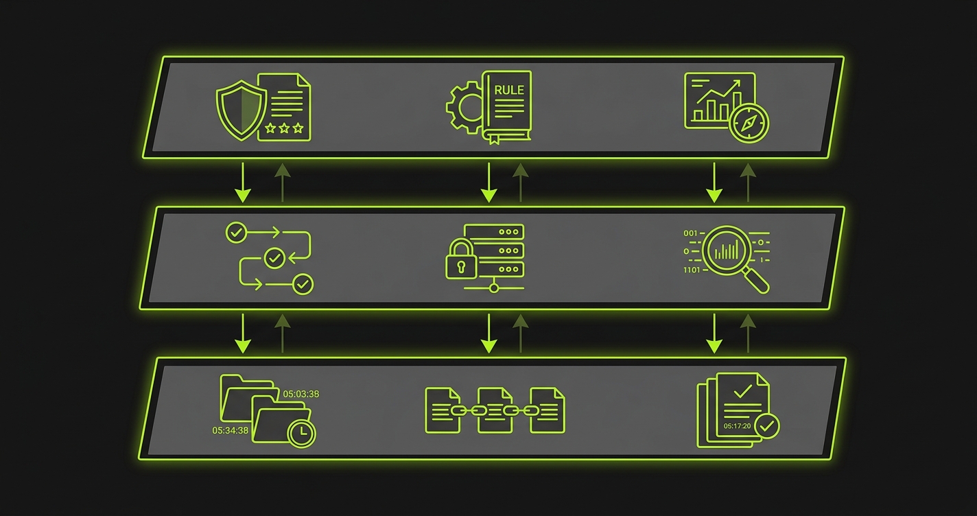 Three pillars of compliance automation: GRC Platform asking if controls are configured, Security Scanning checking for vulnerabilities, and Test Automation verifying the application enforces controls
