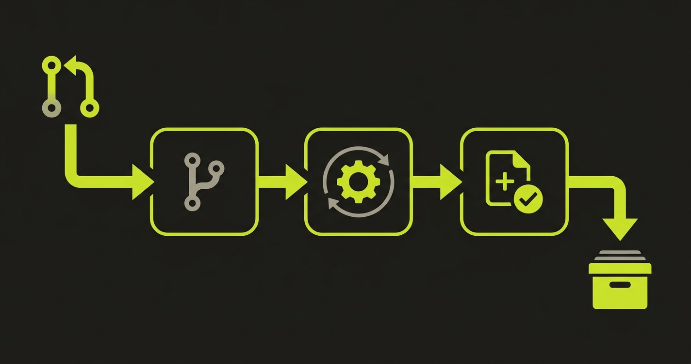 Continuous compliance pipeline showing every PR triggering automated tests that generate labeled audit evidence, stored and retrievable per deploy